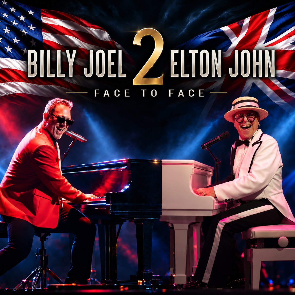 Adam Shapiro as Billy Joel in a red jacket at a black grand piano, facing Kenny Metcalf as Elton John in a straw boater and white suit at a white grand piano